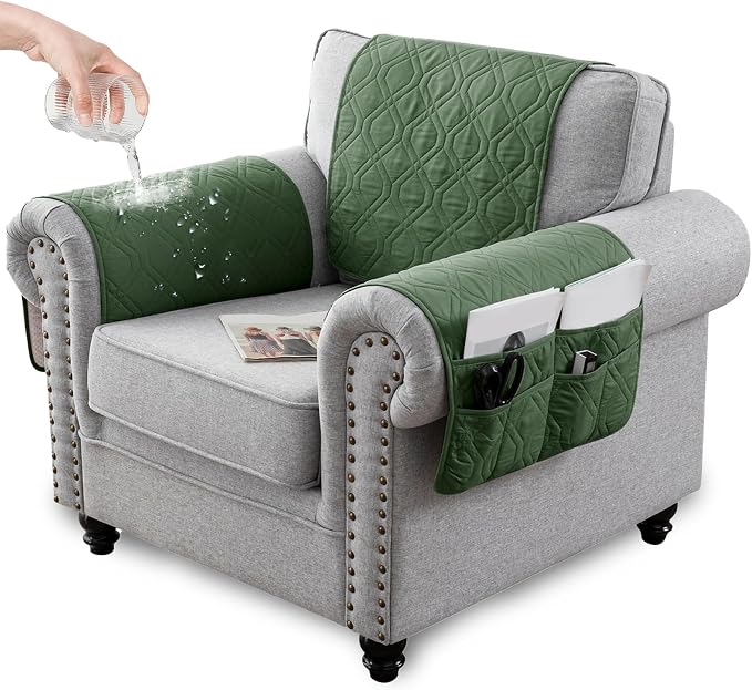 Recliner Armrest Cover with Headrest, Chair Armrest Slipcover with Side Pockets, Water-Resistant, Non Slip Furniture Protector for Pets (Green,1 Seater 3PCS)