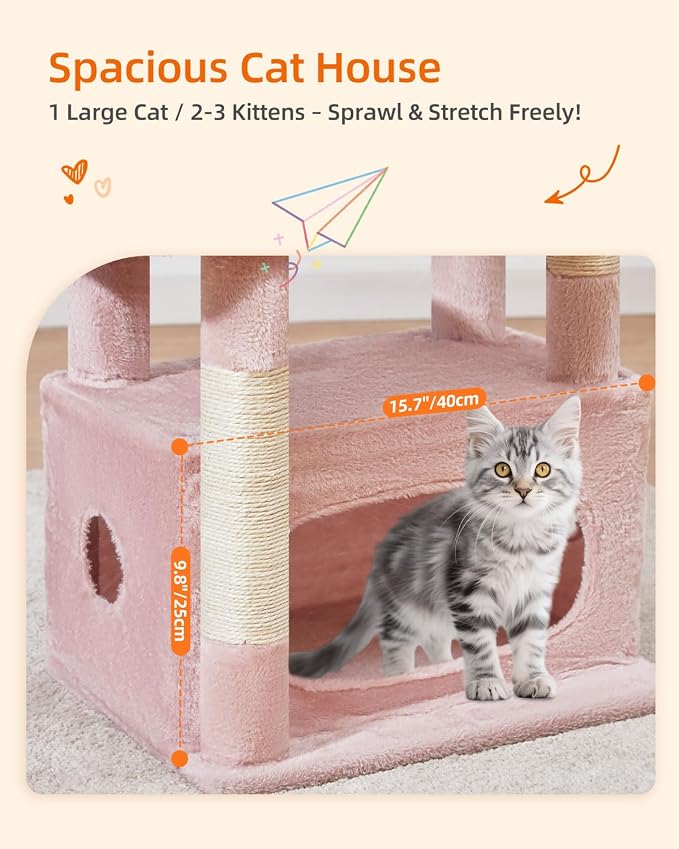 Taoqimiao Cat Tree, 38.5In Cat Tower for Indoor Cats, Suitable for Kittens | Thick Padded Top Perch, Luxurious Cat Condo, Adjustable Basket, 1-Piece Ramp Scratcher, 3 Sisal Posts, Pink&Blue, MS029SPB