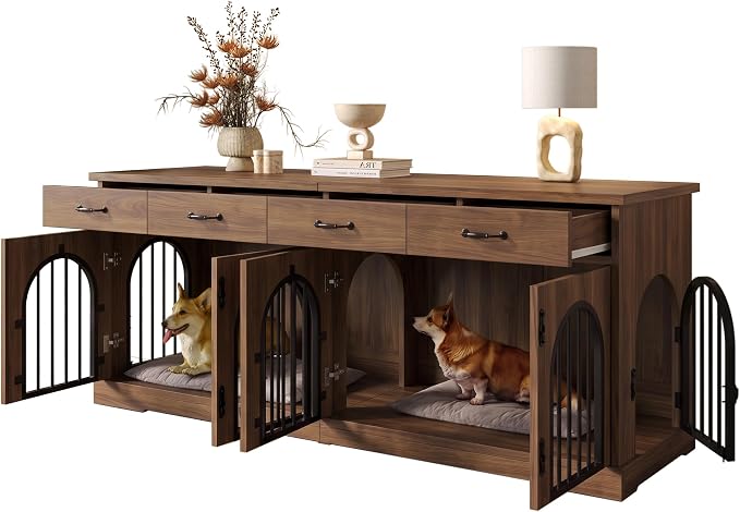 Merax 70.8" Large Dog Crate Furniture & TV Stand for 2 Dogs – Double Kennel with 4 Storage Drawers, Removable Divider & Arched Metal Doors – Wood Indoor Pet House for Medium/Large Breeds, Brown