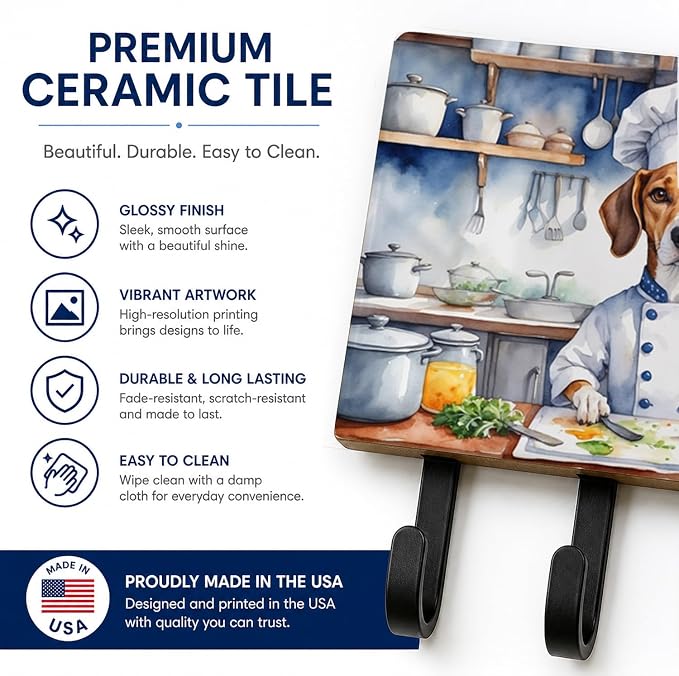 Caroline's Treasures American Foxhound The Chef Leash or Key Holder Wall Hooks, Key Hooks Holder, Coat Rack Wall Mount, Coat Hooks, Hooks for Hanging Keys, Towels, Aprons, Leashes | American Foxhound The Chef artwork on ceramic tile with three steel ho...