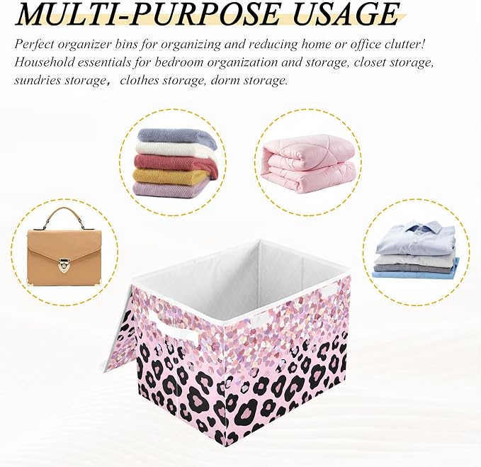 Glitter Leopard Storage Bins with Lids Closet Bedroom 40L Storage Basket | Decorative Storage Boxes, Foldable & Stackable, Dust-Proof Flip Top, Reinforced Handles, For Home & Dorm, Clothes & Toy Box