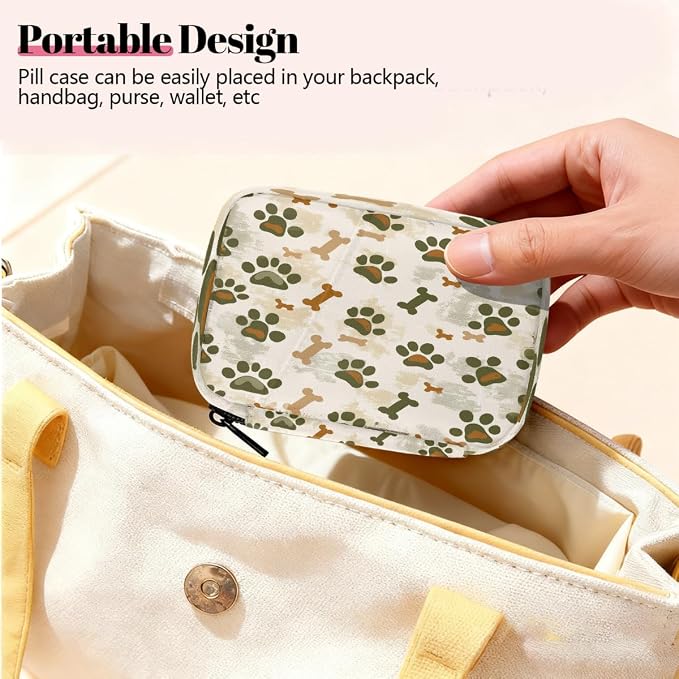 Weekly Pill Organizer Travel Size Bag with Removable 7 Day Pill Box Portable Vitamin Case Purse with Zipper,Camouflage Pet Paws Beige