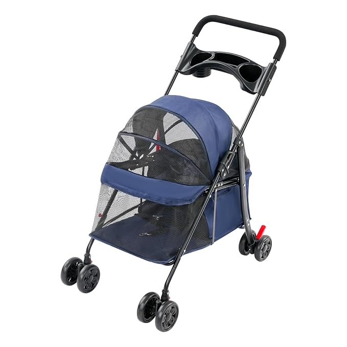 Pet Stroller for Small Medium Dogs Cats 40 lbs, Foldable Dog Stroller with Storage Basket and Cup Holder, Portable Pet Travel Cart with Breathable Mesh Canopy (Navy Blue)