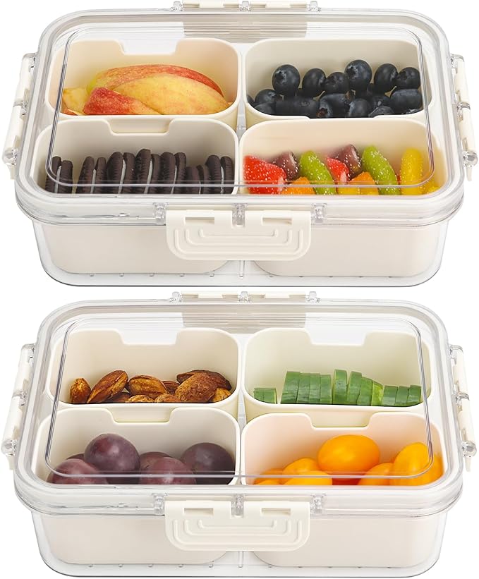 4 Compartment Snackle Box Containers with Lids, 2 Pcs Divided Serving Tray | Portable Snack Platter Fruit Veggie Tray Snackele Box Container for Charcuterie, Party, Snack, Nuts, Beach, Travel, Picnic