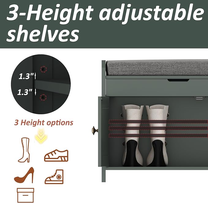 HOMEFORT 41.3" Shoe Bench with Lift Top Storage, Entryway Bench with Cushioned Seat, Wooden End of Bed Bench, Shoe Cabinet Bench with Hidden Storage Space, for Bedroom, Hallway,Green