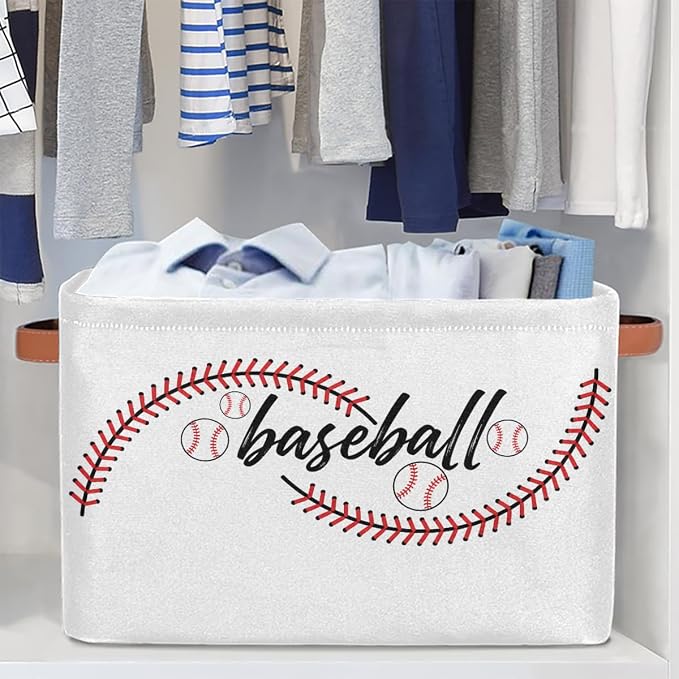 AUUXVA Storage Basket Baseball Stitches Storage Cube Box Sport Baseball Basket Softball Canvas Collapsible Toy Storage Bin Shelf Kids Gift Basket with Handles, 1Pc