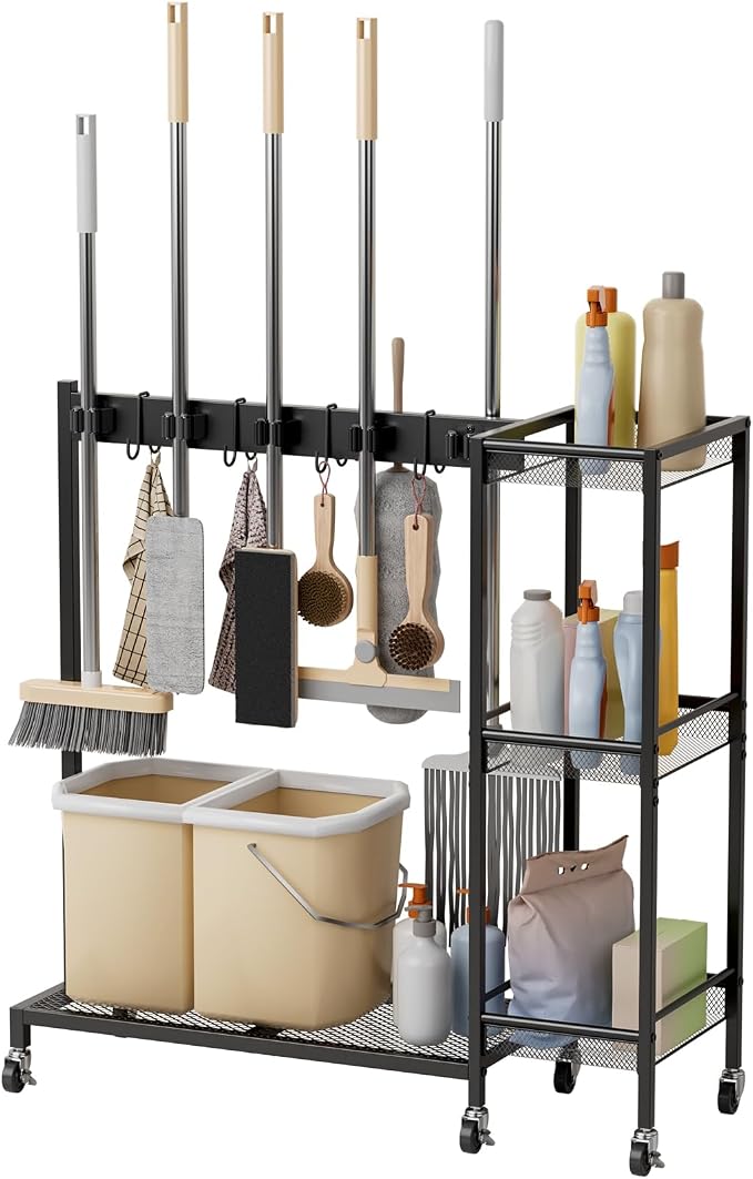 Cleaning Carts on Wheels, Rolling Broom Holder & Cleaning Supplies Organizer with 3-Tier Storage Shelf, Space Saving Janitorial Housekeeping Rack with Hanger for Home & Commercial Use Black