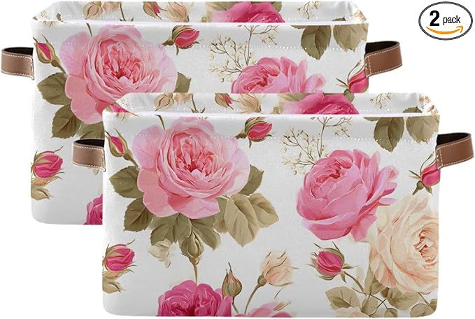 susiyo Large Foldable Storage Bin, Floral Pink Roses Fabric Storage Baskets for Shelves, Closet Organizer Bins, Decorative Baskets Clothes Storage Bin with PU Handles -2Pack