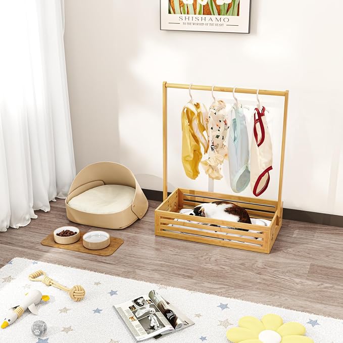 BAMBOOHOMIE Baby Clothing Rack for Toddler, Pets Clothes Rack with Storage Box & Adjustable Hanging Rod for Dogs/Cats, Baby Shower Clothes Closet Rack with Handle for Nursery Room (Natural, Baby)