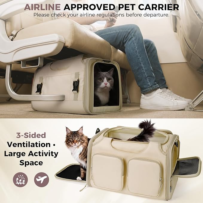 Dog Cat Carrier Airline Approved Collapsible Soft-Sided Pet Travel Bag | Pet Carrier Up to 12 lbs, Locking Zippers, Breathable Mesh, 4 Large Pockets, Removable Fleece Pad, Beige