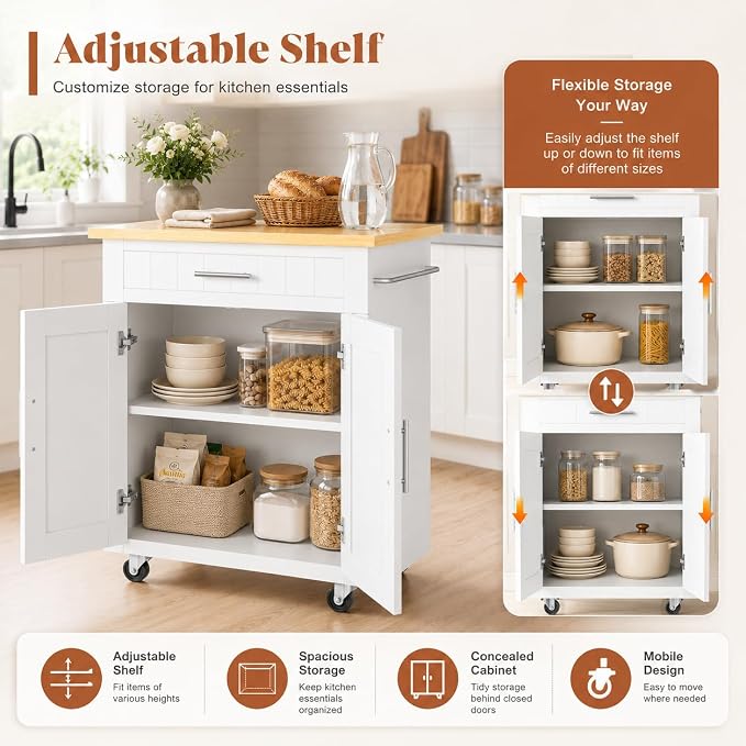 JY QAQA 26" Rolling Kitchen Island Cart on Wheels, Mobile Storage Cabinet with Adjustable Inner Shelves, Kitchen Prep Cart with Towel Rack & Lockable Casters for Small Apartment Kitchen, White