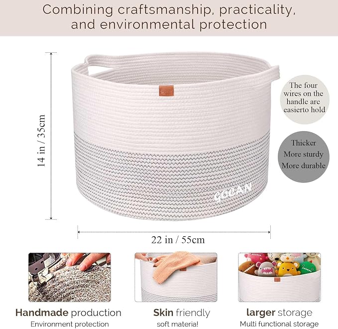 Cotton Rope Woven Laundry Basket 22"X 22"X 14" with handles(Beige) XXXL | Hand-woven, ideal for storing blankets and cushions in the living room, and clothes for household storage.