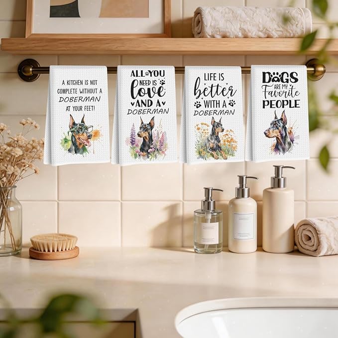 4Pcs Doberman Dog Kitchen Towels 24x14 Inch, Doberman Gifts Reusable Dish Towels for Kitchen Bathroom Decor, Waffle Weave Absorbent Hand Cloth Tea Towel, Cute Dog Gifts for Women Mom Friend