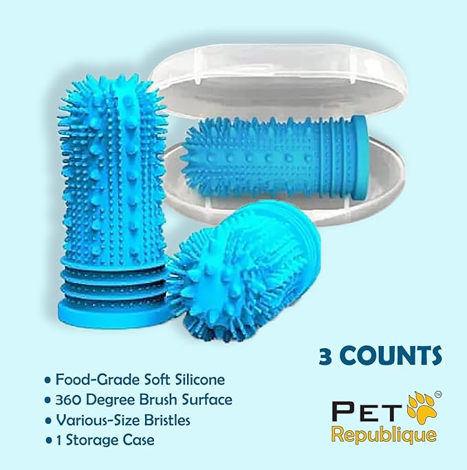 Pet Republique 360 Degree Finger Toothbrush for Dogs and Cats – Full Surround Silicone Bristles (3-Count & 1-Storage Case)
