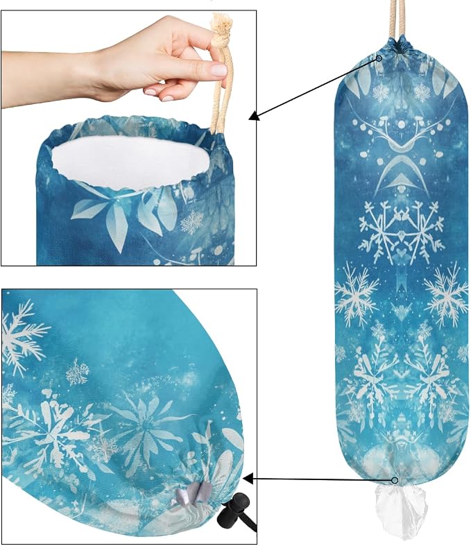 Winter Snowflakes Plastic Bag Holder Snow Blue Grocery Bag Storage Dispenser Washable Hanging Shopping Bags Carrier Reusable Wall Mount Trash Bag Organizer for Kitchen Pantry