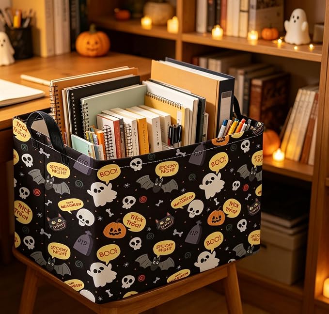 Rectangle Storage Basket with Handles,Collapsible Storage Bin,Books Box,Gift Basket(Black Boo Basket)