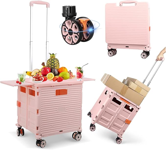 FELICON SELORSS Folding Utility Cart Portable Rolling Crate Handcart-Pink | Magnetic Sliding Lid,Telescoping Handle,Plastic Box Dolly,360°Swivel Wheels for Travel Shop Move Laundry Office Teacher Use