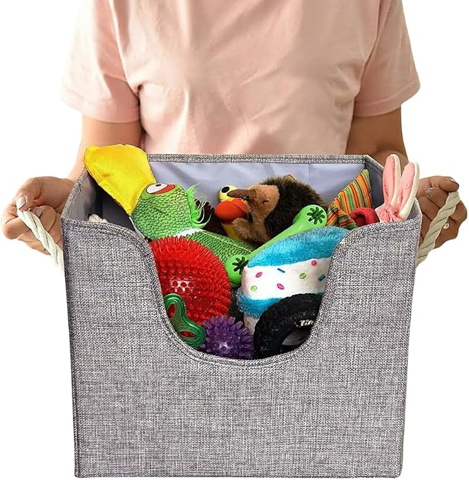 Tug's Stuff Premium Dog Toy Bin & Blanket Basket - Living Room & Nursery Storage, Easy to Clean, Collapsible, Perfect for Toy Organization - 13'x13'x11' - Grey