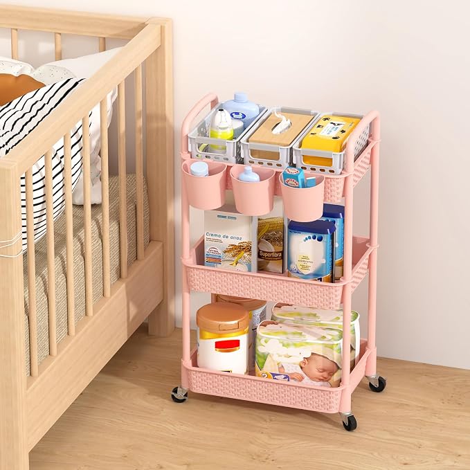 MOYIPIN 3-Tier Plastic Rolling Utility Cart with Handle,Pink | Utility Storage Cart for Office, Living Room, Kitchen,Movable Storage Organizer，Easy installation，Rattan-like art design