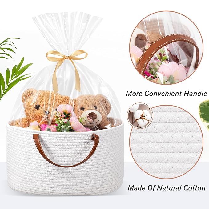 Colingmill Empty Gift Basket Woven Cotton Rope PU Handles,16.5*10*9 Inch