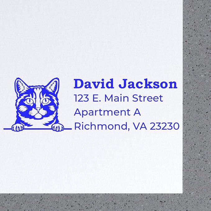 Peeking Munchkin Cat Wood Handle Return Address Stamp - Custom Stamper | Return Address Stamp for Munchkin Cat Lovers. Personalized Rectangular Address Stamp for Housewarming Gifts. Laser-cut.