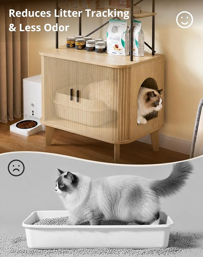 Cat Litter Box Enclosure Furniture,Hidden Litter Box Furniture Fit Most of Litter Boxes,Cat Washroom Cabinet and Pet House with Metal Frame for Living Room, Oak