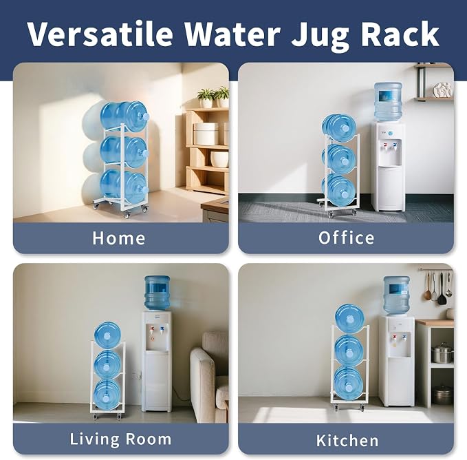 5 Gallon Water Jug Holder with Wheels: 5 Gal Water Bottle Storage Rack Stand for Home Kitchen Office Gym Garage (3 Tier White)