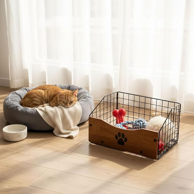 Dog Toy Basket, Wooden Dog Toy Box with Metal Wire Bin, Foldable Pet Toy Storage Organizer with Paw Print Design, Open Dog Toy Holder for Toys, Cat Toys, Blankets, Leashes and Treats, Walnut Brown