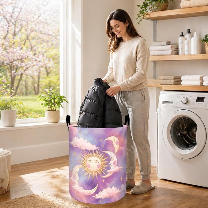 Sun and Moon Laundry Basket, Cloud Star Sky Purple Pink Oxford Cloth Dirty Clothes Collapsible Hamper for Room Decor, Celestial Gifts, Toy Organizer 19.7 x 15.7 Inches for Bedroom Bathroom Dorm
