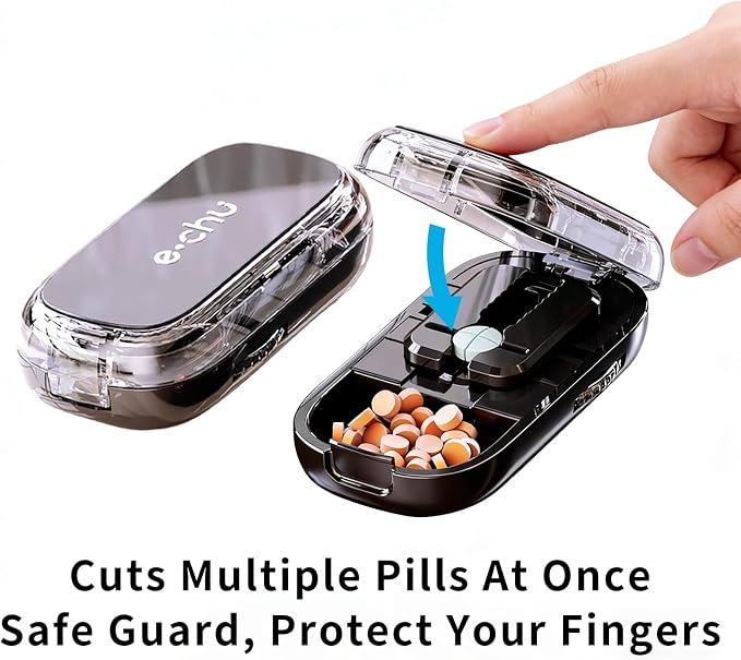 Pill Cutter Splitter for Small and Tiny Pills - Daily Pill Organizer with Professional Adjustable Cutter Splitter for Cutting Multiple Pills, Pill Case for Travel Purse Pocket (Black)