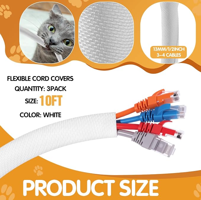 Poen 3 Pack 30ft Cord Protectors from Pets No Chew, 1/2 Inch