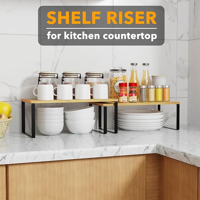 SpaceAid Cabinet Shelf Organizers 8 Pack, Kitchen Counter Rack Shelves Riser, Stackable Expandable Spice Rack, Pantry Cupboard Storage Organization (Black and Natural, Long)