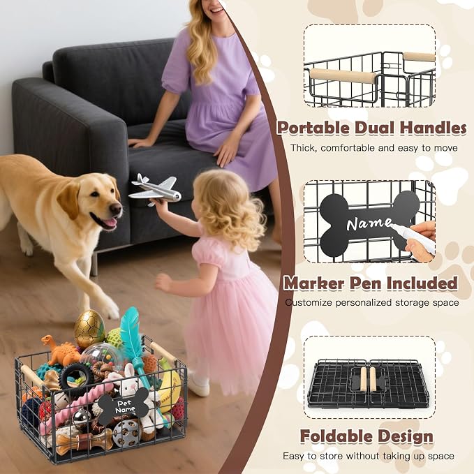 Dog Toy Basket, Foldable Metal Dog Toy Bin 20.8''×12.99''×11'' | Chew-Proof Basket with Handles, Pet Stuff Storage Organizer Box, Marker Pen, Portable Puppy Toys Basket for Living Room