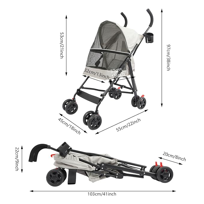 4 Wheels Pet Stroller with Waterproof Cover | Easy-Fold Travel Carrier | Pet Strolling Cart for Small/Medium Dogs and Cat | with Storage Pocket, Cup Holder & Breathable Mesh | for All-Season (Gray)