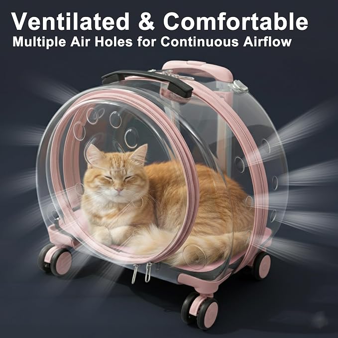 Transparent Hard Shell Cat Carrier with Wheels, Pink | Rolling cat carrier, 17-lb max load, Breathable, Telescoping handle, Shoulder strap, Clear pet carrier, Portable, Travel
