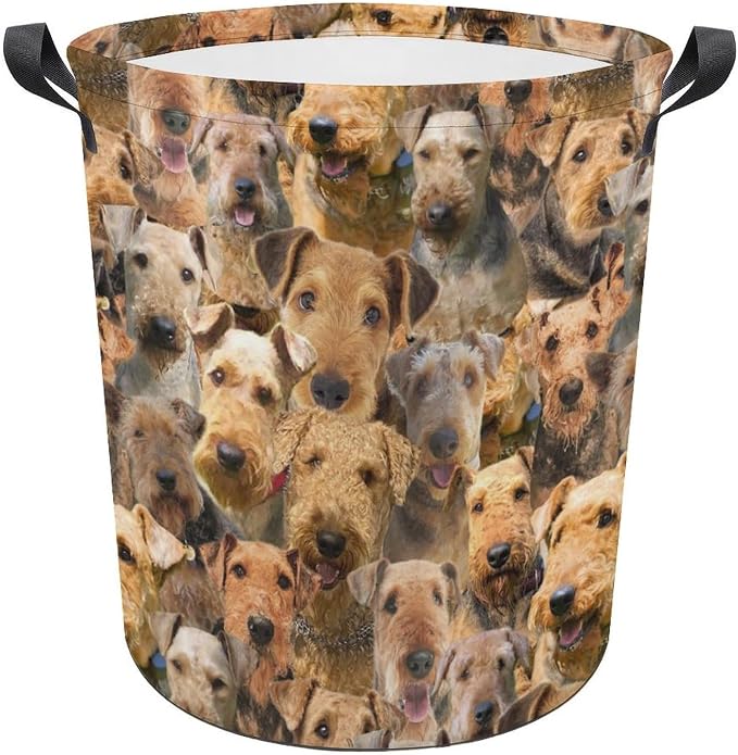 Airedale Dog Print Laundry Basket, Funny Airedale Dog Face Laundry Hamper, Foldable Waterproof Oxford Cloth Tote Bag Dirty Clothes Storage Bucket Organizer for Bathroom Bedroom