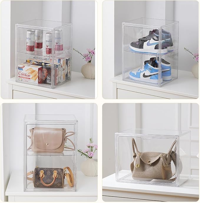 4 Tiers Clear Acrylic Display Case, Plastic Storage Bins with 3 Adjustable Divider and Magnetic Door,Stackable Display Box for Figures Showcase (XXL-4 Tier-2 Pack)