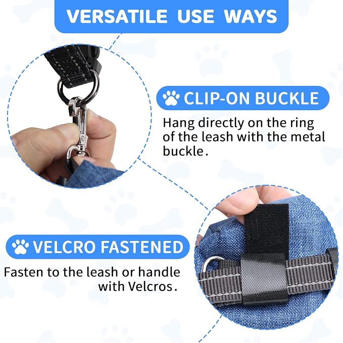 Dog Poop Bag Holder with Treat Pouch, 2 Zipper Pockets & Leash Clip | Waste Bag Dispenser with 1 Roll Poop Bags, Quick Access Treat Storage, Hands-Free Design for Dog Walking, Training & Travel