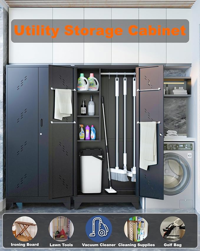 75" Metal Storage Cabinet with Lockable Doors,Utility Closet,Black | Functional Garage Storage Cabinets,Heavy-Duty Tool Cabinet,Hanging Rod & S-Hooks,Steel Lockers for Home Office,Warehouse