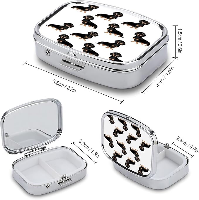 Metal Pill Organizer 2 Compartment Travel Pill Case with Mirror Waterproof & Leak-Proof Dachshund Weiner Pet Dogs Pill Boxes for Daily Meds Vitamins Supplements Fits in Purse Pocket Bag