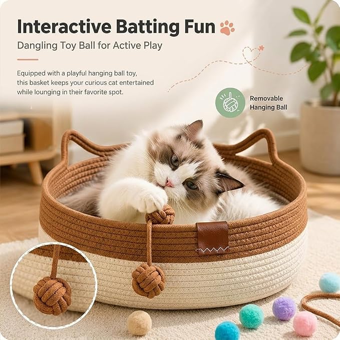 Instinct Basket for Cats,Cat Basket Bed with Cushion & Hanging Ball Toy,Handwoven Cotton Rope Cat Basket (Green+Mat+Pillow,S(up to 9Lb))
