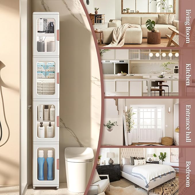 Narrow Storage Cabinet with Doors and Shelves Tall Skinny Bathroom Storage Kitchen Cabinet with Adjustable Shelf Cabinet Organizer Toilet Paper Storage Linen Closet 4 Layer (White)