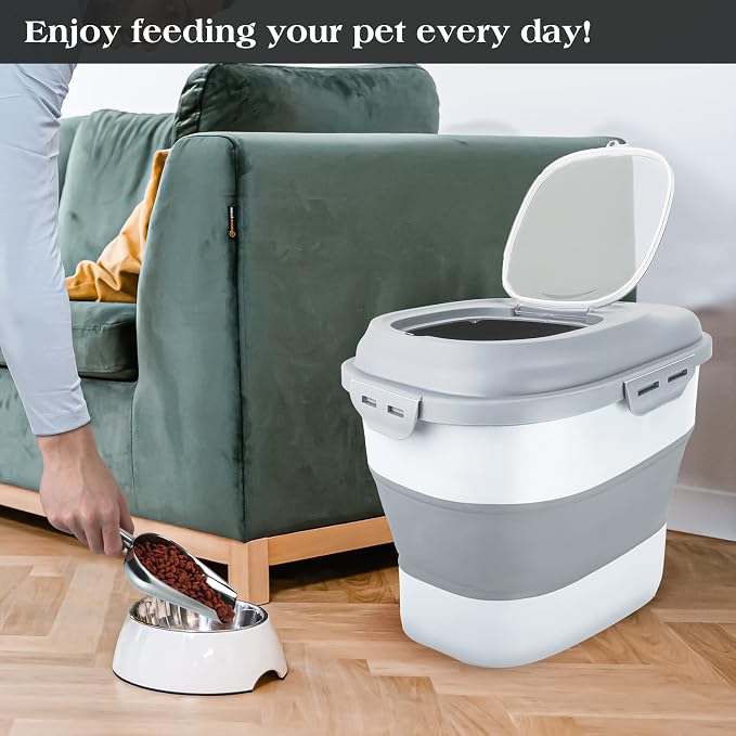 TIOVERY Dog Food Storage Container, Airtight Collapsible 13lb to 30lb Pet Food Container with Flip Top, Rolling Wheel, Scoop and 3L small container for Dog Cat Food and Dry Food of Rice, Flour
