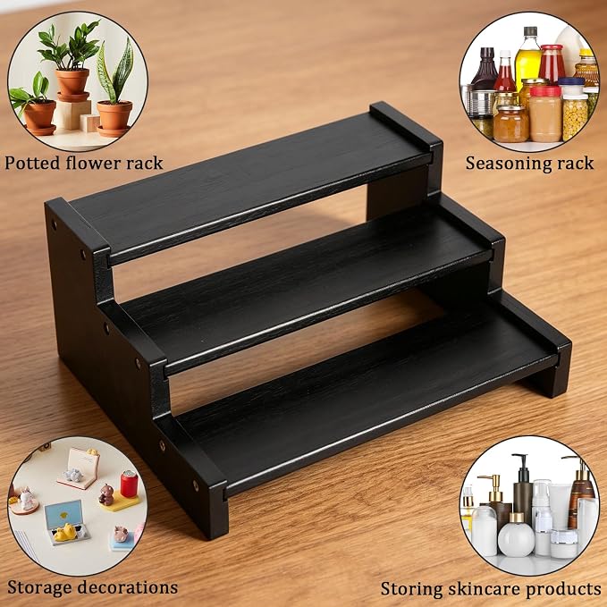 Black Bamboo Can Organizer for Pantry, 3-Tier Countertop Storage Rack for Canned Food, Soda, Soup and Pet Food, Tiered Cabinet Shelf Display