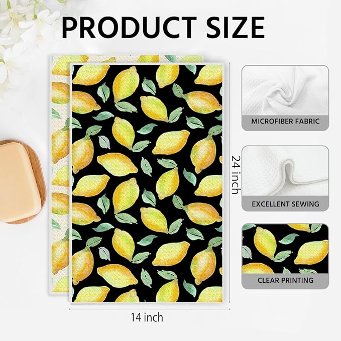 Lemon Kitchen Towels, Quick Dry Multipurpose Waffle Weave Hand Towels for Bathroom, Absorbent Reusable Cloth Tea Dish Towels for Home Decor, Lemon Lover Gift White and Black Background Towel Set of 2