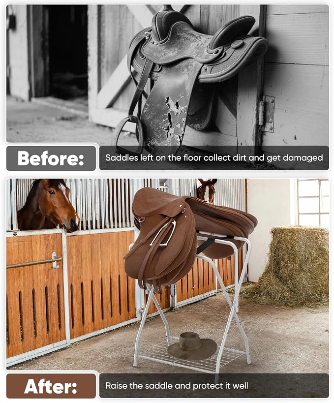 Queension Foldable Saddle Rack with Bottom Storage for Horse Stable, White | Portable Horse Saddle Stand for English & Western Saddles, Saddle Pad Rack for Horse tack, Horses Blanket