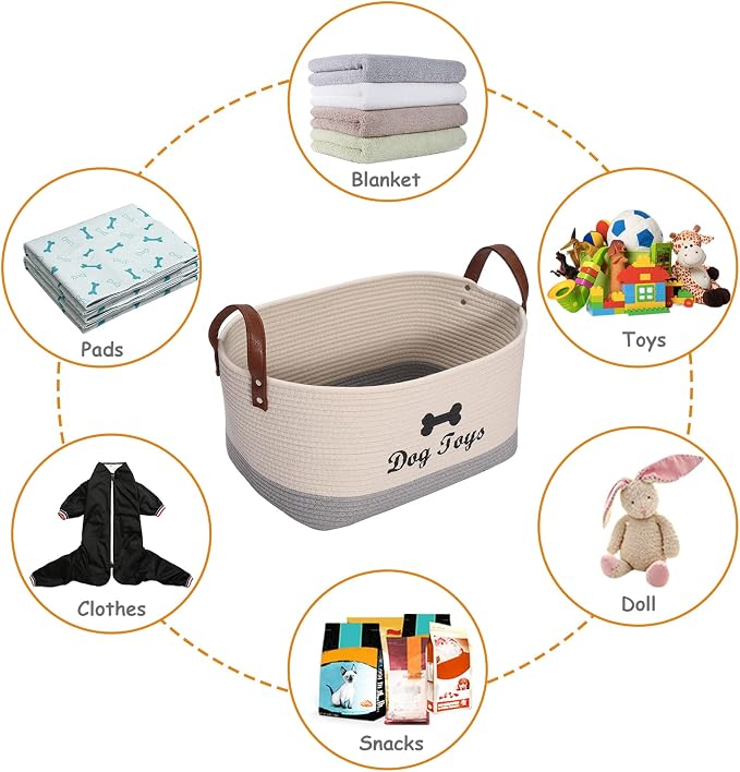 X-Large Cotton Rope Dog Basket with Leather handle Blanket Storage Basket Decorative Clothes Hamper Basket | Extra Large Baskets for Blankets or Laundry-Beige/Gray