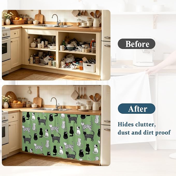 Cat Animal Sink Skirt 11"Wx13"L,Dustproof Under Sink Curtain with Self Adhesive Tape,Sage Green Earthy Tone Vintage Pet Modern Cabinet Curtain Cover for Bathroom Vanity,Kitchen Cabinet Storage Shelf