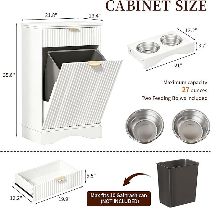 Dog Food Storage Cabinet, Pet Feeding Station with 2 Hidden Bowls, White