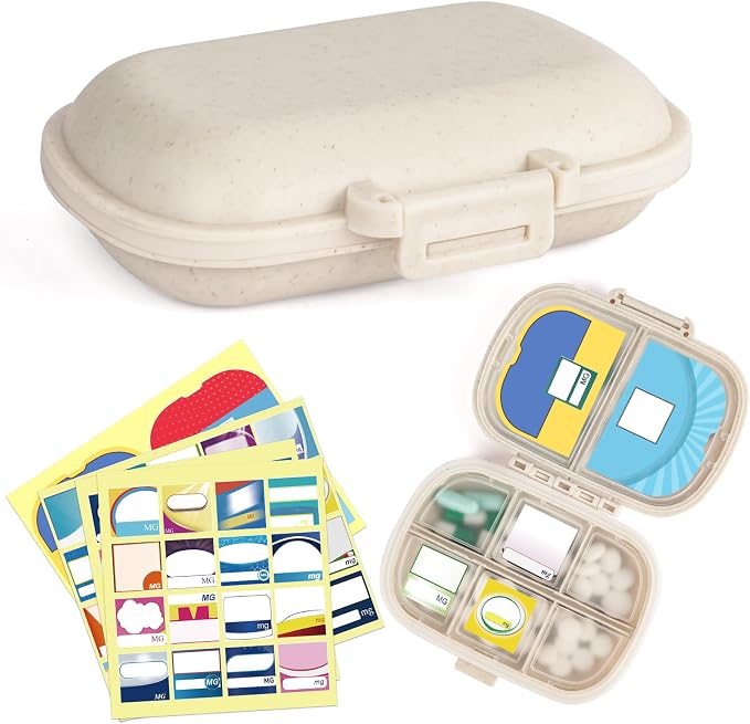 1Pack Travel Pill Organizer & 56 Medicine Name Stickers, Beige | [8 Compartments Portable Pill Case] [Small Pill Box for Pocket Purse Portable Medicine Vitamin Container]